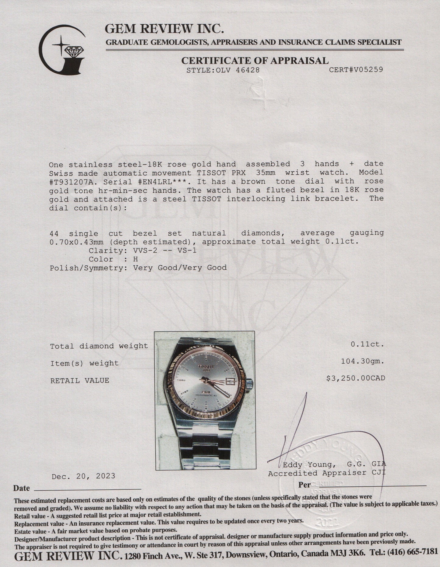 <TISSOT> PRX 18k Rose Gold Bezel & Diamond Dial 35mm Powermatic w/ Box & Papers