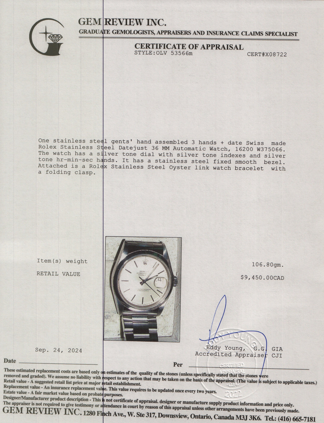 <ROLEX> 1995 Oyster Perpetual Datejust 36mm 16200 w/ Box & Papers