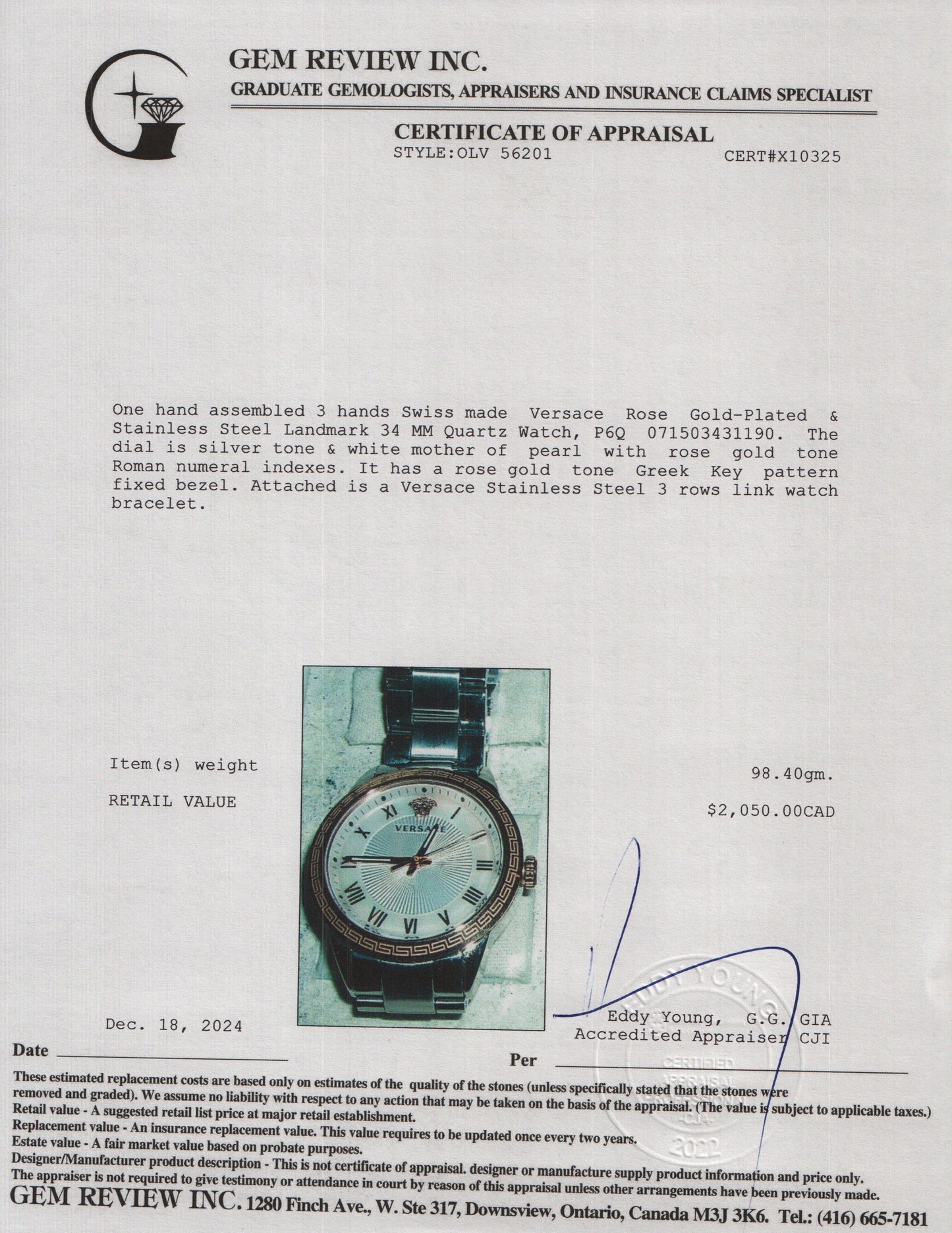 <VERSACE> Rose Gold 34 MM Quartz Watch w/ Box & Papers