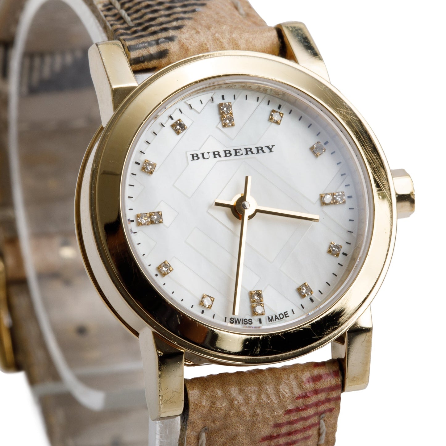 <BURBERRY> 18k Yellow Gold Plated, Mother of Pearl Dial w/ Diamonds