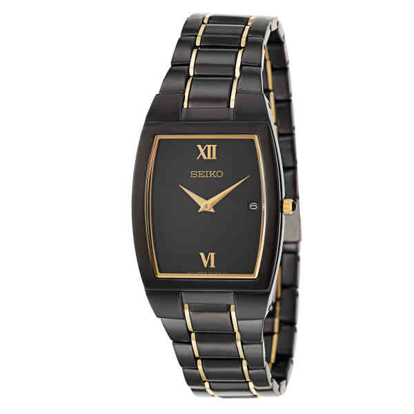 <SEIKO> 14K Gold Plated Black Steel Dress Watch