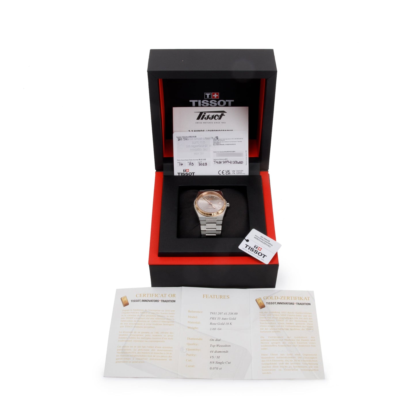 <TISSOT> PRX 18k Rose Gold Bezel & Diamond Dial 35mm Powermatic w/ Box & Papers