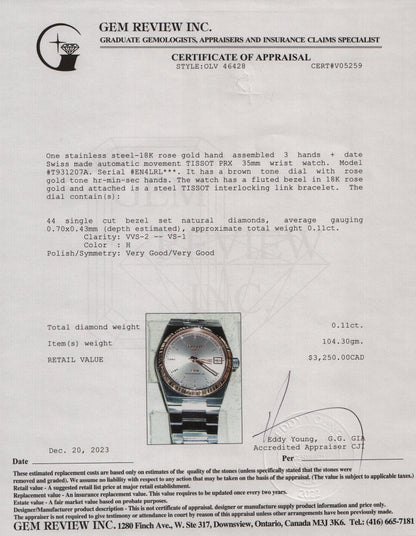 <TISSOT> PRX 18k Rose Gold Bezel & Diamond Dial 35mm Powermatic w/ Box & Papers