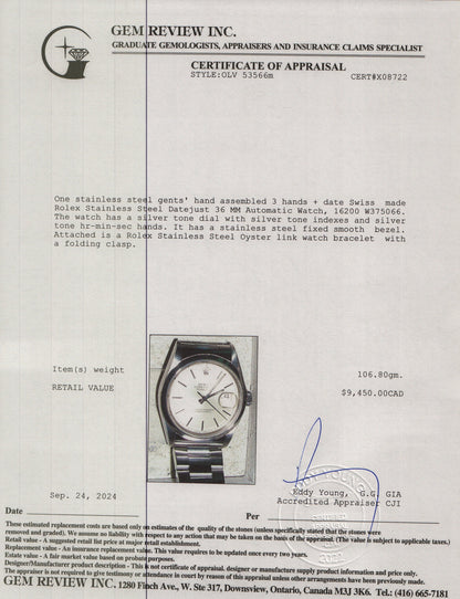 <ROLEX> 1995 Oyster Perpetual Datejust 36mm 16200 w/ Box & Papers