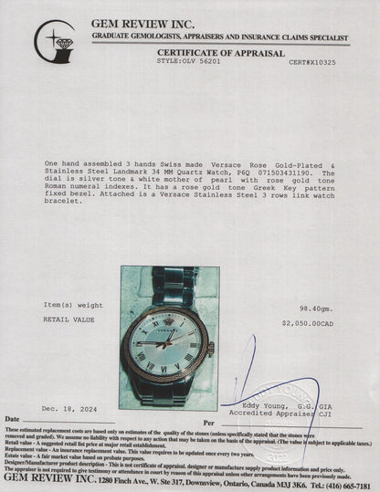 <VERSACE> Rose Gold 34 MM Quartz Watch w/ Box & Papers