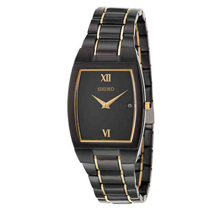 <SEIKO> 14K Gold Plated Black Steel Dress Watch